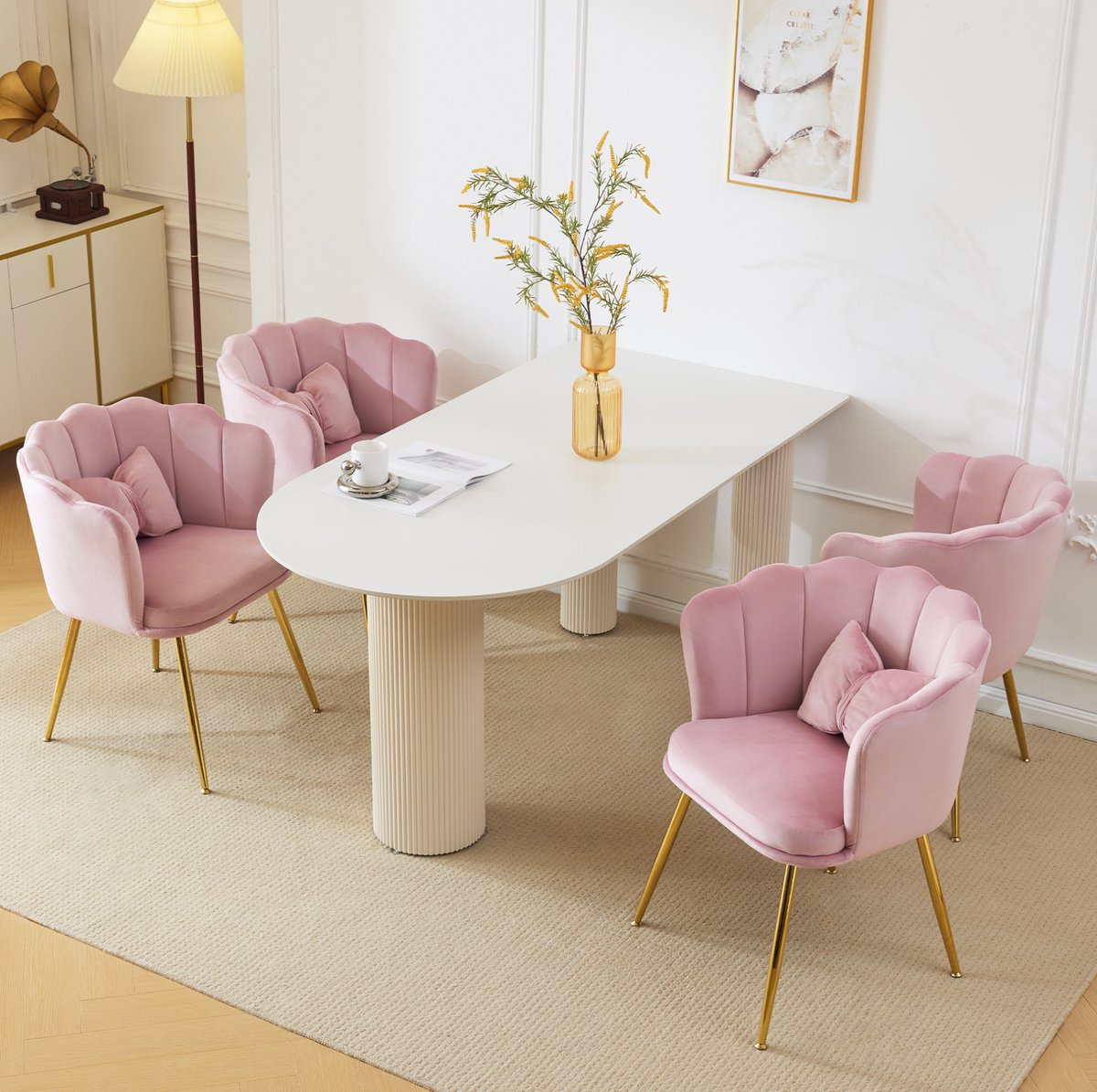 REDOM - Fauteuil - Set van 4 - Bloemblaadjesrugleuning - Met kussen - Moderne stijl - Woonkamer en eetkamer - Velvet en metaal - Roze - 63 x 58 x 77 cm