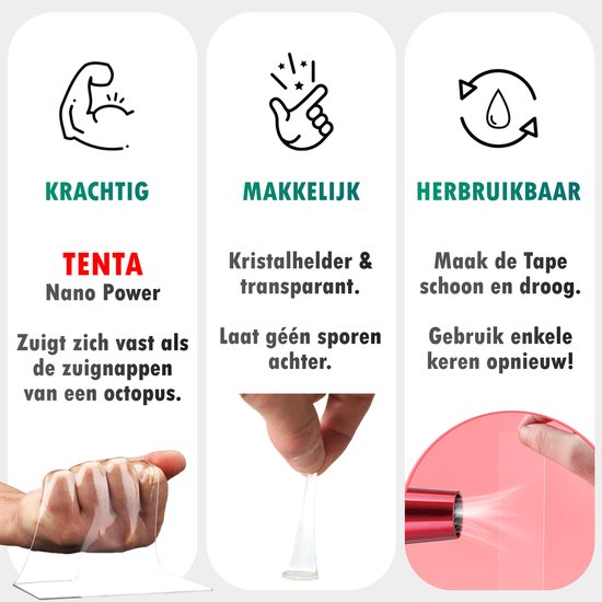Drie iconen met tekst: "Krachtig", "Makkelijk", "Herbruikbaar". Toont een hand die tape vasthoudt, tape die geen sporen achterlaat en tape die met een föhn wordt gebruikt.