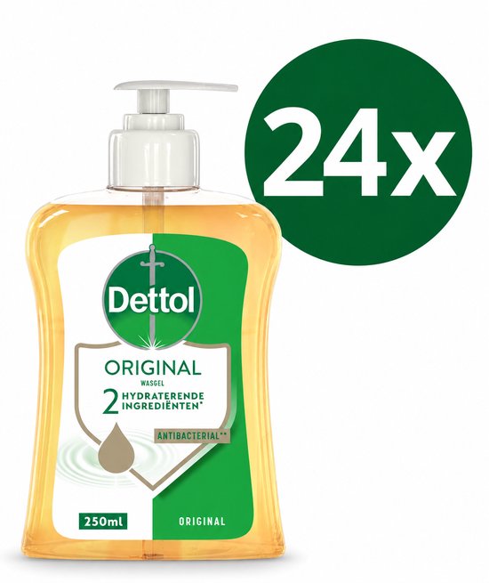 Dettol Original antibacteriële handzeep, 250ml fles met pompdispenser. Groene cirkel met '24x'.