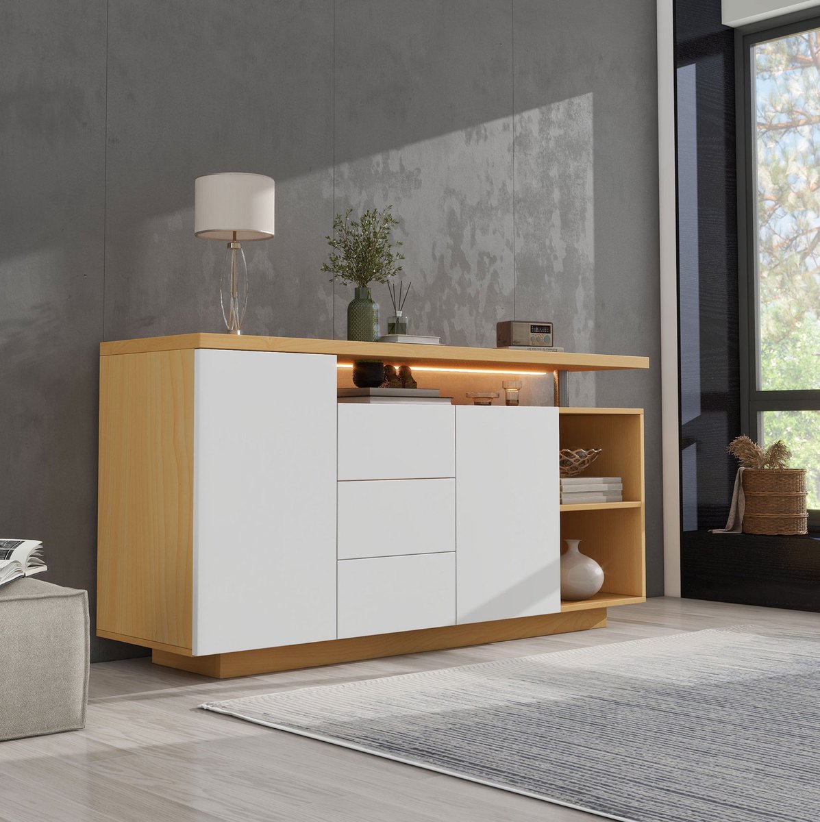 Wishdor Dressoir - 2 deuren, 3 laden en 2 open vakken - Drukknopopening en LED-verlichting - Woonkamer opberger - Bewerkt hout - Wit en lichte eikenlook - 140 x 40 x 70 cm