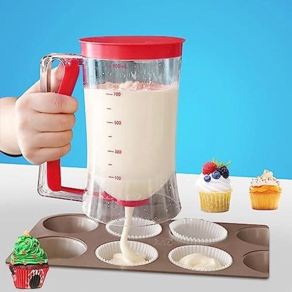SIYINGSAERY Pancake Batter Dispenser 900ML Cupcakes Batter Separator Manual Batter Cream Speratator Cup Cooking Pancakes Funnel Dispenser Maker with Measuring Label for Waffles Muffin Mix Cake,