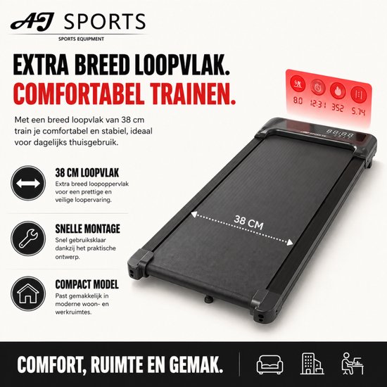 Zwarte AJ-Sports loopband met een breed loopvlak van 38 cm en een digitaal display.