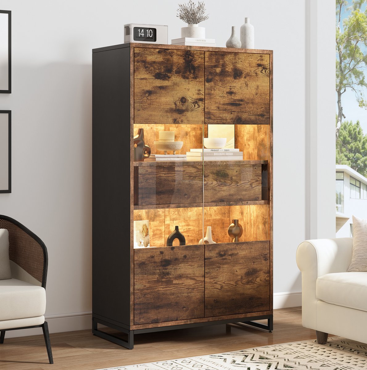Wishdor Vitrinekast - LED verlichting en 2 lades - 2 deuren met acryl en drukopen systeem - Retro modern - Woonkamer studeerkamer - MDF - Zwart houtlook - 80 x 40 x 138 cm