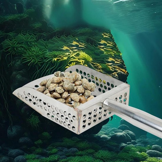 Strandschep - Roestvrijstalen zandzeef - Zandschep - Zandfilterschep - Met ergonomische handgreep - Kan worden uitgesloten - 28.5 × 12 × 14 cm - Geschikt voor het verzamelen van schelpen op het strand, het winnen ,enz -Zilver — afbeelding 3