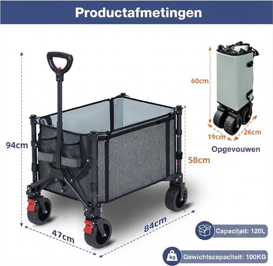 Lìon® Bolderkar - 120L Capaciteit - Opvouwbare Bolderkar - Bolderkar Opvouwbaar - Grijs - 44cm x 19cm x 34cm van Lion — afbeelding 2