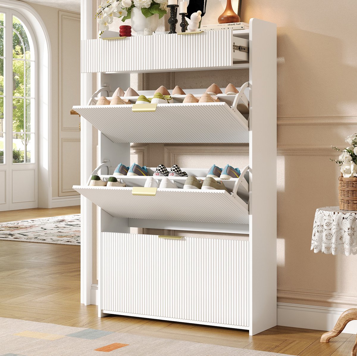 DESMIU Schoenenkast Moderne Smalle Kast Met 3 Klapvakken En 2 Lades Voor Hal En Entree Wit 80 X 25 X 135 Cm