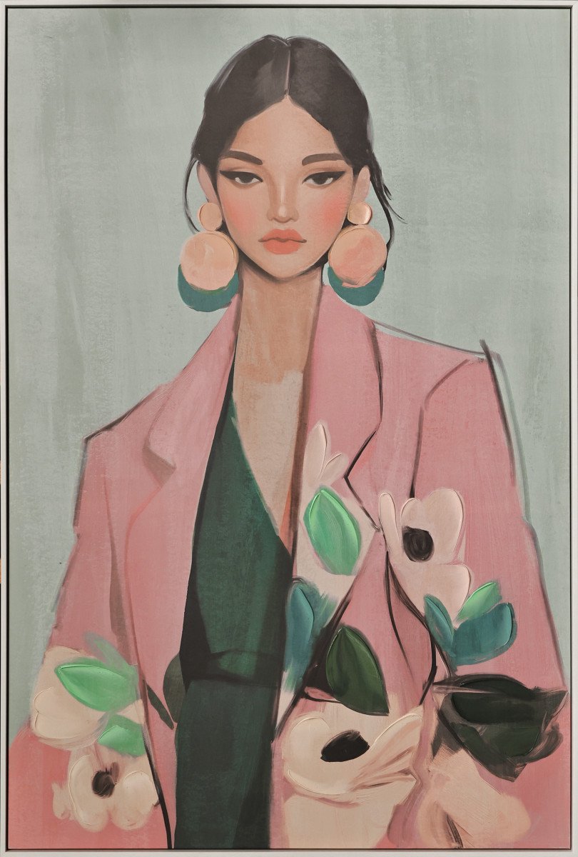 Ter Halle - Handgeschilderd Schilderij - Wanddecoratie - Vrouw In Het Roze - 80x120cm