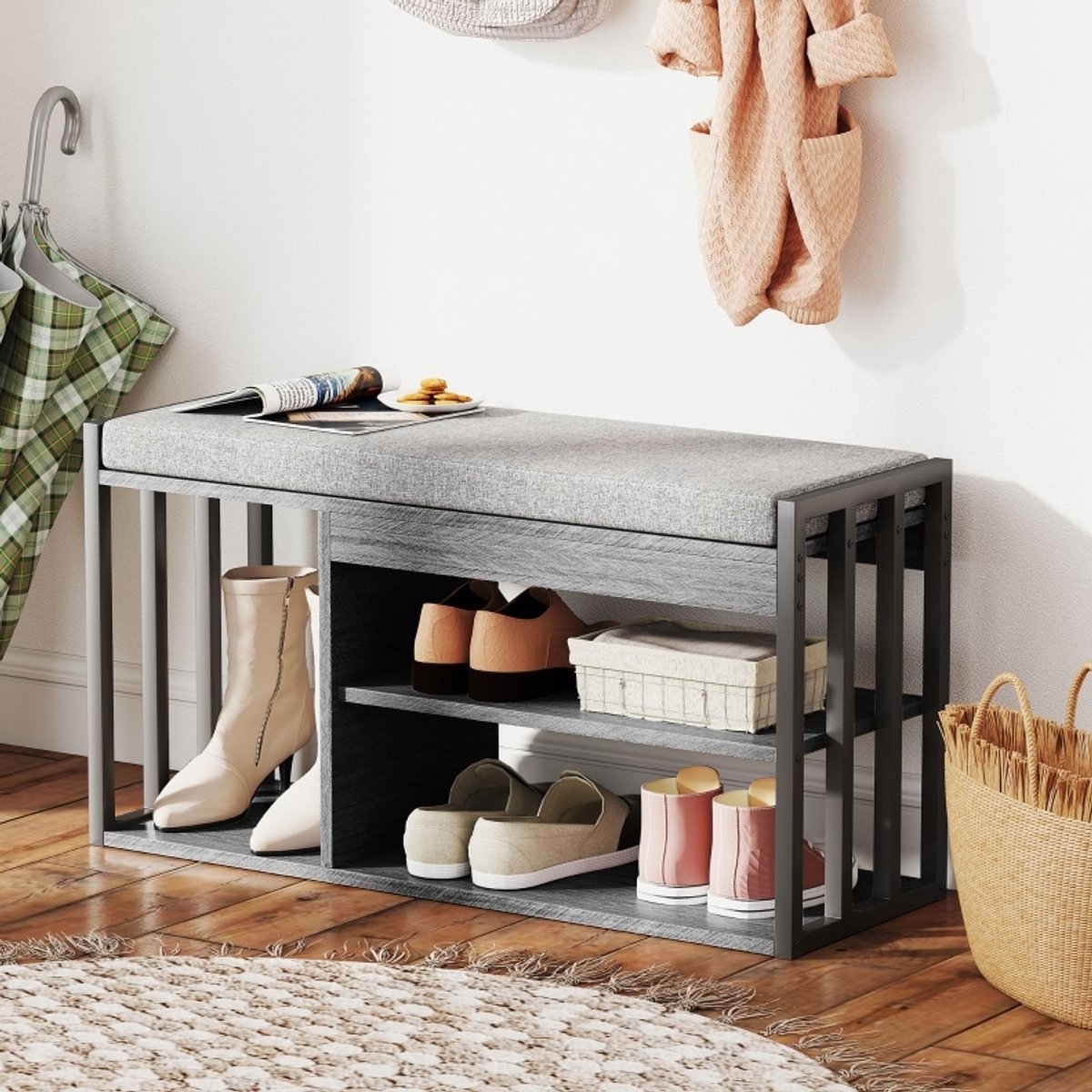 DESMIU Schoenenkast - Schoenenbank Met 3-Laags Open Opbergdesign - Voor Hal En Entree - Spaanplaat Metaal En Stof - 86x30x45,5 Cm - Grijs