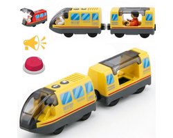 Elektrische Trein met Magnetische Koppeling, Compatibel met Houten Treinbanen, Batterij Aangedreven Speelgoedtrein met Vooruit/Achteruit Functie en Geluidseffecten, voor Kinderen vanaf 3 Jaar - geel