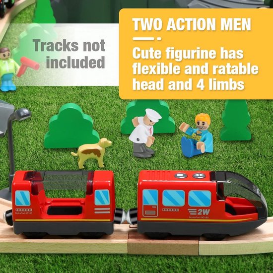 Rode speelgoedtrein met figuren. Tekst: 'Tracks not included'.
