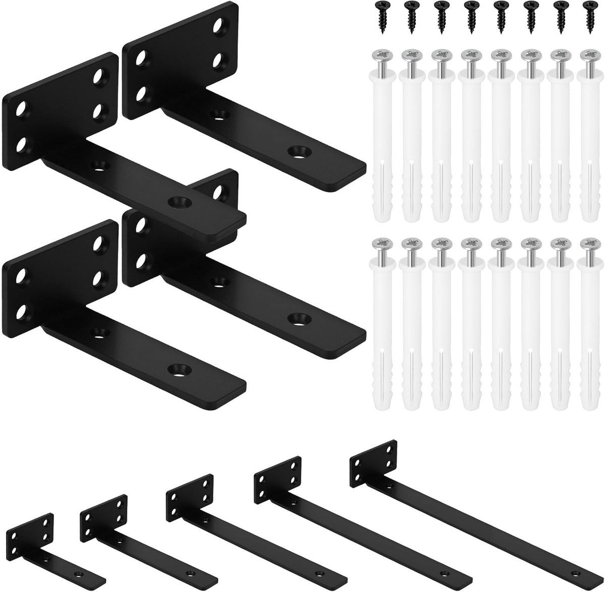 Zwarte metalen zwevende plankdragers 4 stuks, 10,2 cm dik, voor wanddecoratie en industriële stijl, inclusief schroeven en wandankers