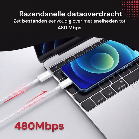 Witte gevlochten kabel met rode pijlen die snelheid aangeven, aangesloten op een telefoon en laptop. "Razendsnelle dataoverdracht" en "480 Mbps"