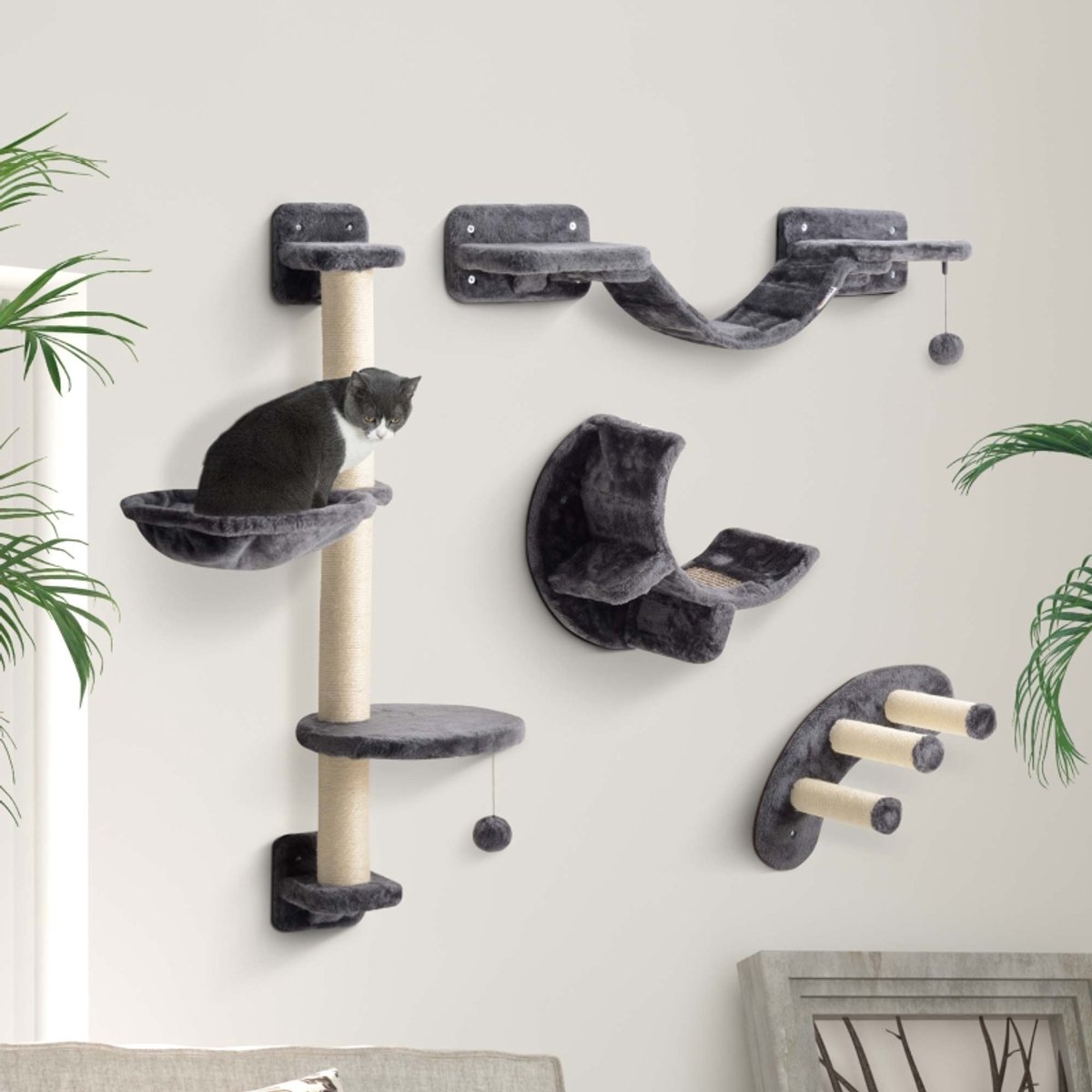 4-delige set voor kattenklimwand met hangmat en kattenbrug (tot 5 kg), donkergrijs
