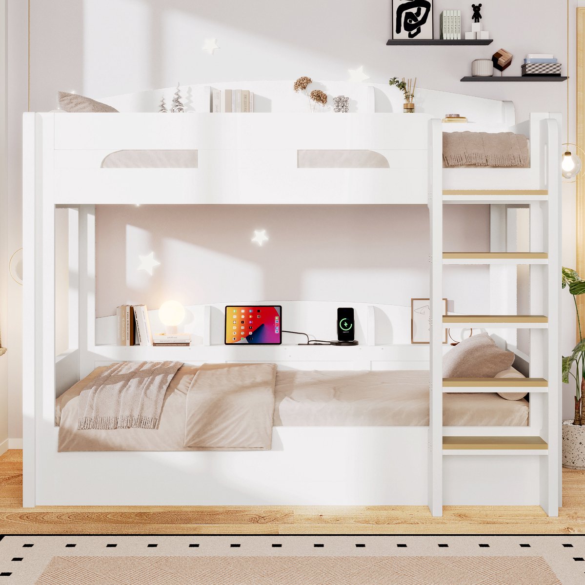 REDOM Stapelbed met onderbed - USB-stekdose - Opbergruimte - Moderne stijl - Kinderkamer - Hout - Wit - 123.5 x 204 x 196.5 cm