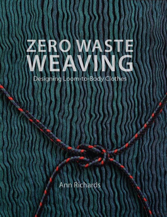 Boekomslag met de titel "Zero Waste Weaving" en een gedetailleerd groen geweven patroon.