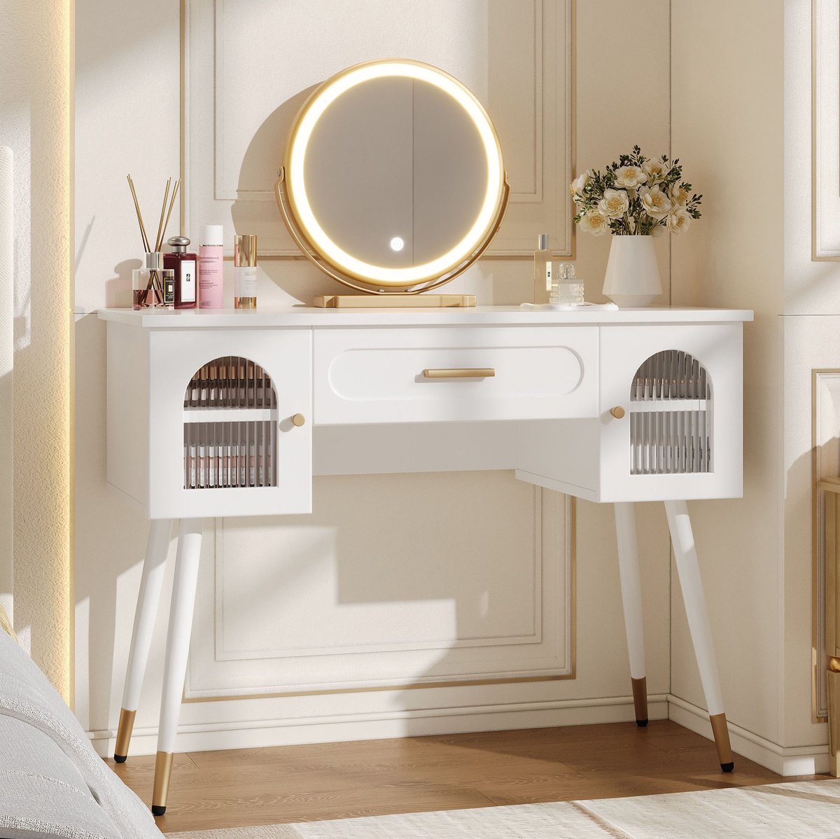 REDOM - Kaptafel met LED-spiegel - 1 lade en 2 deuren - Grote opbergruimte - Scandinavische stijl - Slaapkamer of kleedruimte - Spaanplaat - Wit en Goud - 100 x 42 x 112 cm