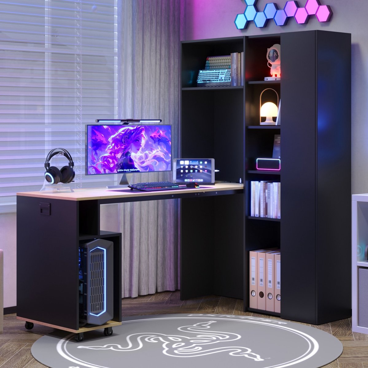 REDOM - Klappbaar bureau met boekenkast - 2-in-1 ontwerp - USB-poort en stopcontact - Anti-kantel - Modern - Homeoffice - MDF - Zwart eiken - 104,5 x 30,5 x 160 cm