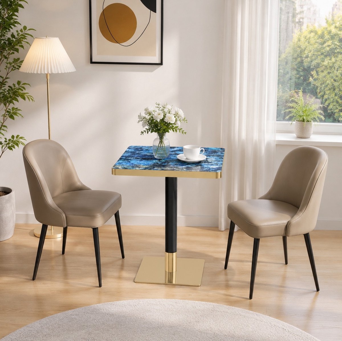 REDOM - Eettafel - Vierkant ontwerp met marmerlook en gouden rand - Metalen onderstel - Moderne stijl - Voor kleine ruimtes - MDF - Blauw - 60 x 60 x 74 cm