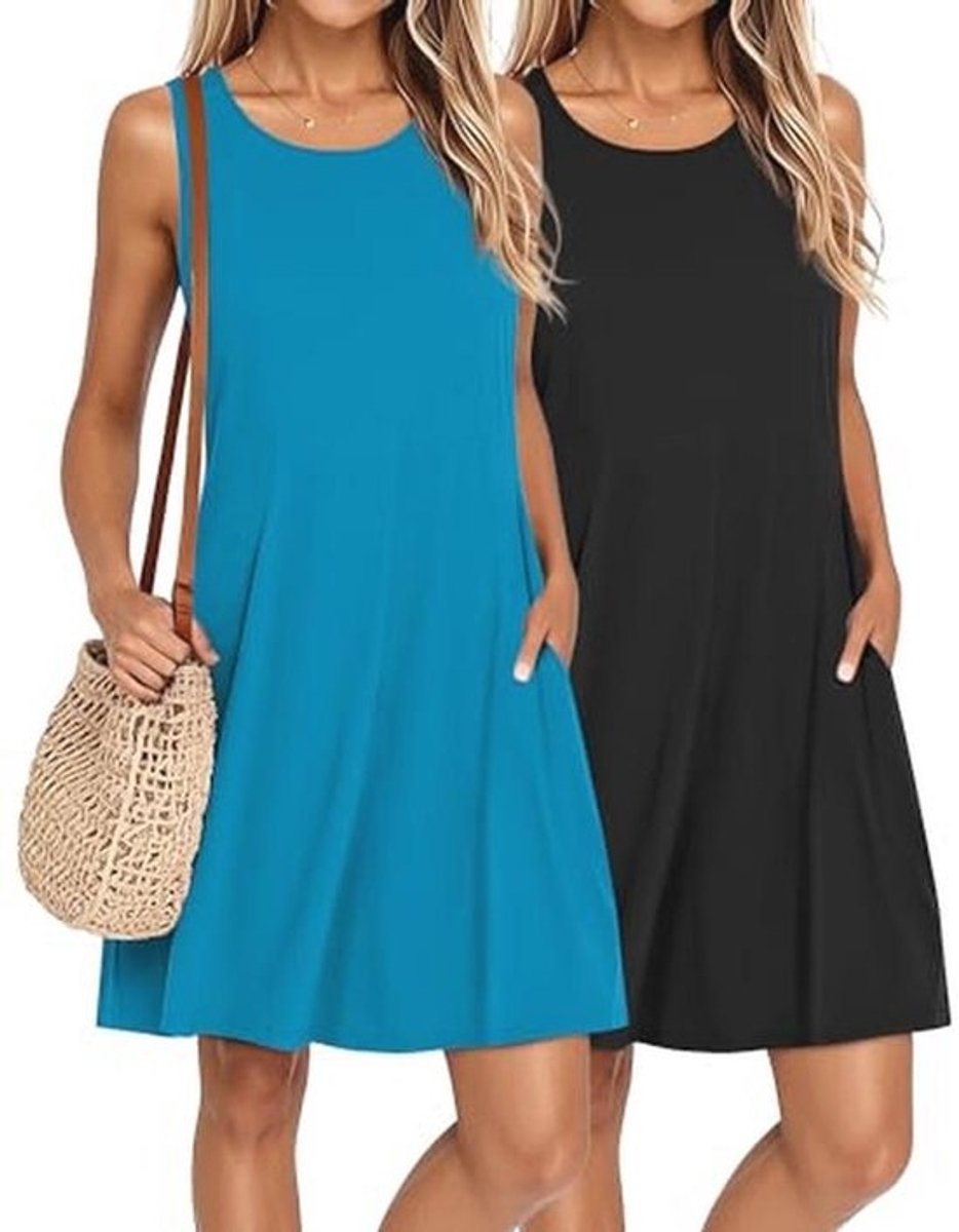 2-pack dames zomerjurken mouwloos casual met zakken voor het strand ronde hals swing tank jurk