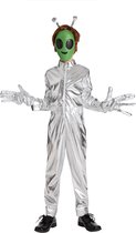 Joya Kids® Alien Verkleedpak Kind | Alien Kostuum Jongen | Buitenaards Wezen Verkleedkleding Jongens en Meisjes | Zilveren Jumpsuit met Masker, Handschoenen & Voelsprieten | Halloween Carnaval | Maat L
