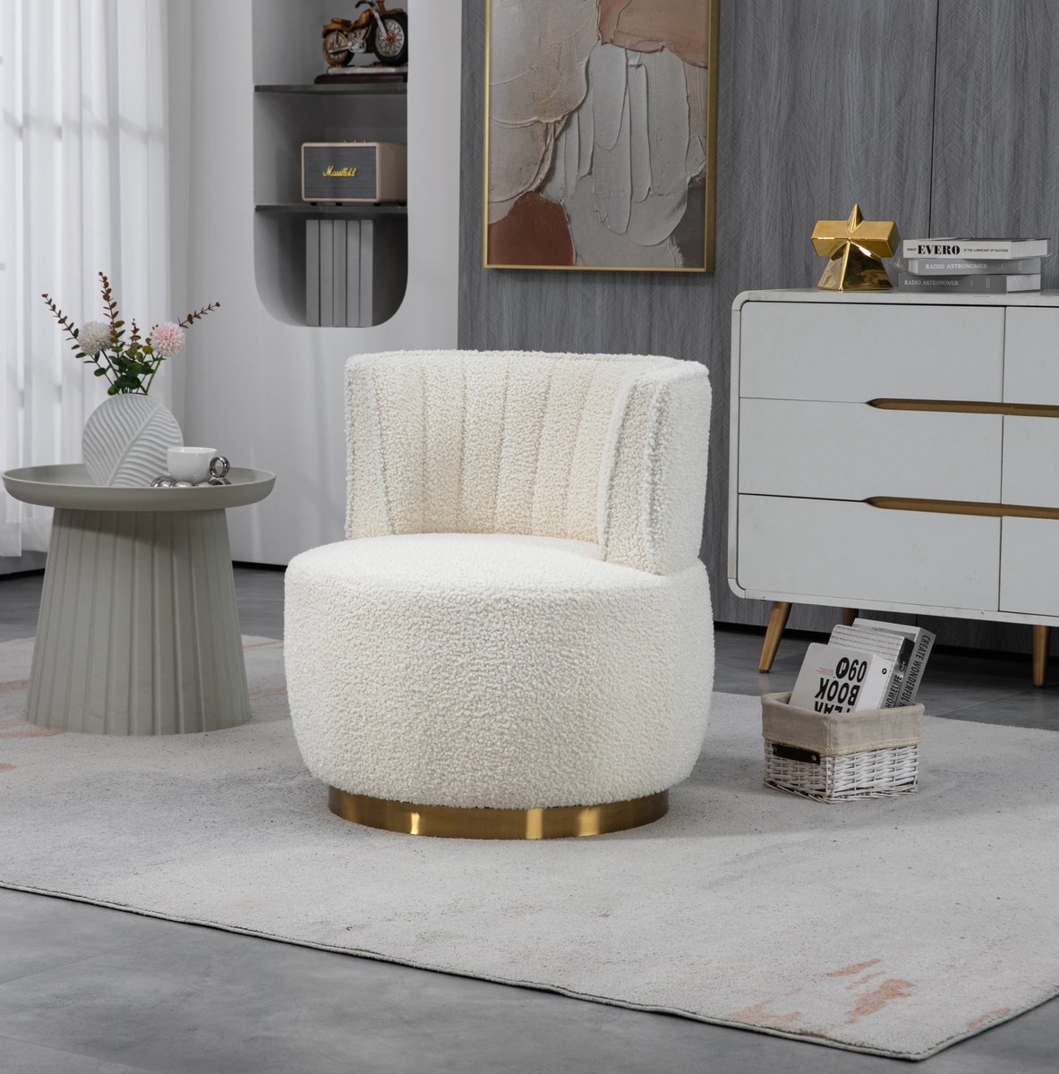 Wishdor Fauteuil - 360° draaibaar - Zachte teddy bekleding - Modern design - Woonkamer slaapkamer kantoor - Hout en metaal - Wit - 62,5 x 62 x 69,5 cm