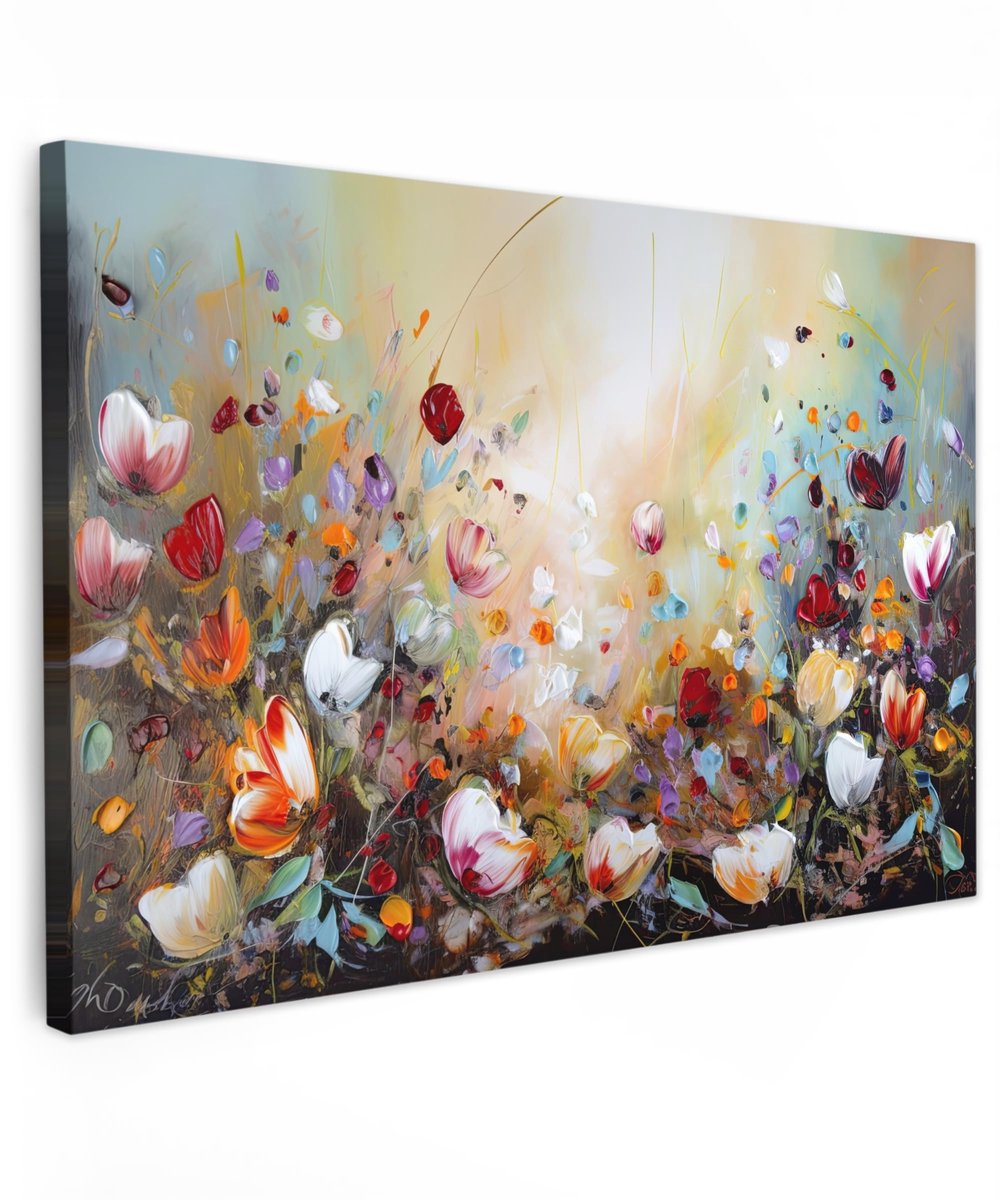 Famanu – Canvas schilderij van 120x80 cm, kleurrijke bloemen, wanddecoratie voor woonkamer en slaapkamer, natuur geïnspireerd