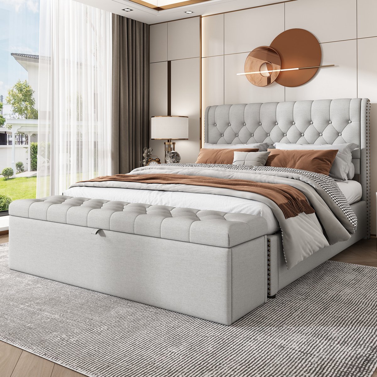 Wishdor Opbergbank - Met opbergruimte - Gecapitonneerde zitting - Modern design - Slaapkamer beduiteinde - Linnen - Lichtgrijs - 141 x 41,5 x 42 cm
