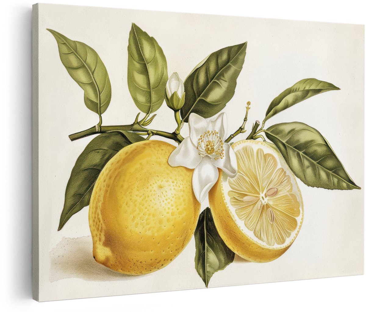 Artaza Canvas Schilderij Citroen - 180x120 cm - Groot - Wanddecoratie Keuken - Muurdecoratie Fruit - Decoratie Bloesem Vintage - Geel