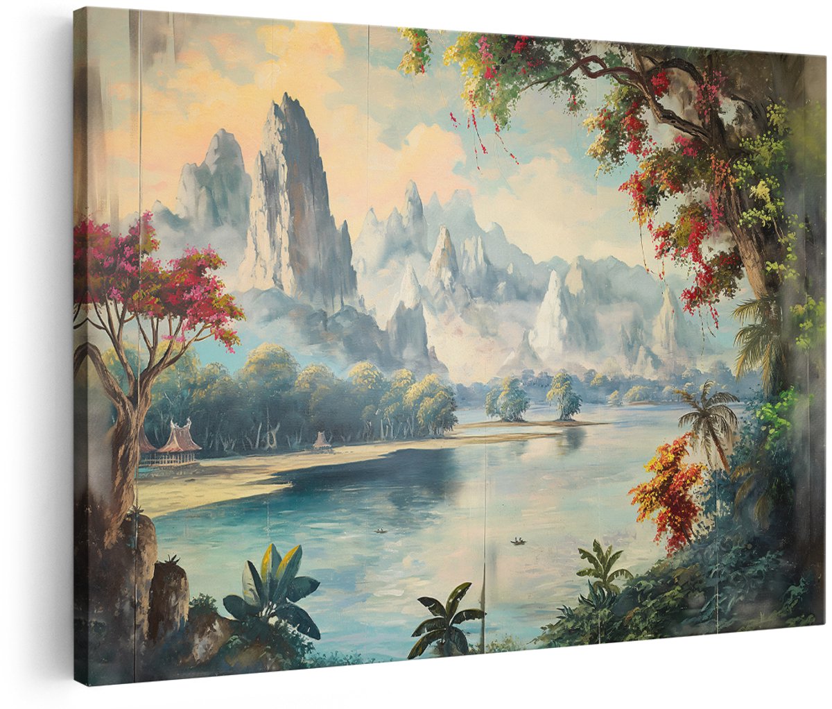 Artaza Canvas Schilderij Berglandschap - 180x120 cm - Groot - Wanddecoratie Natuur - Muurdecoratie Rivier - Schilderijen Woonkamer Tropisch