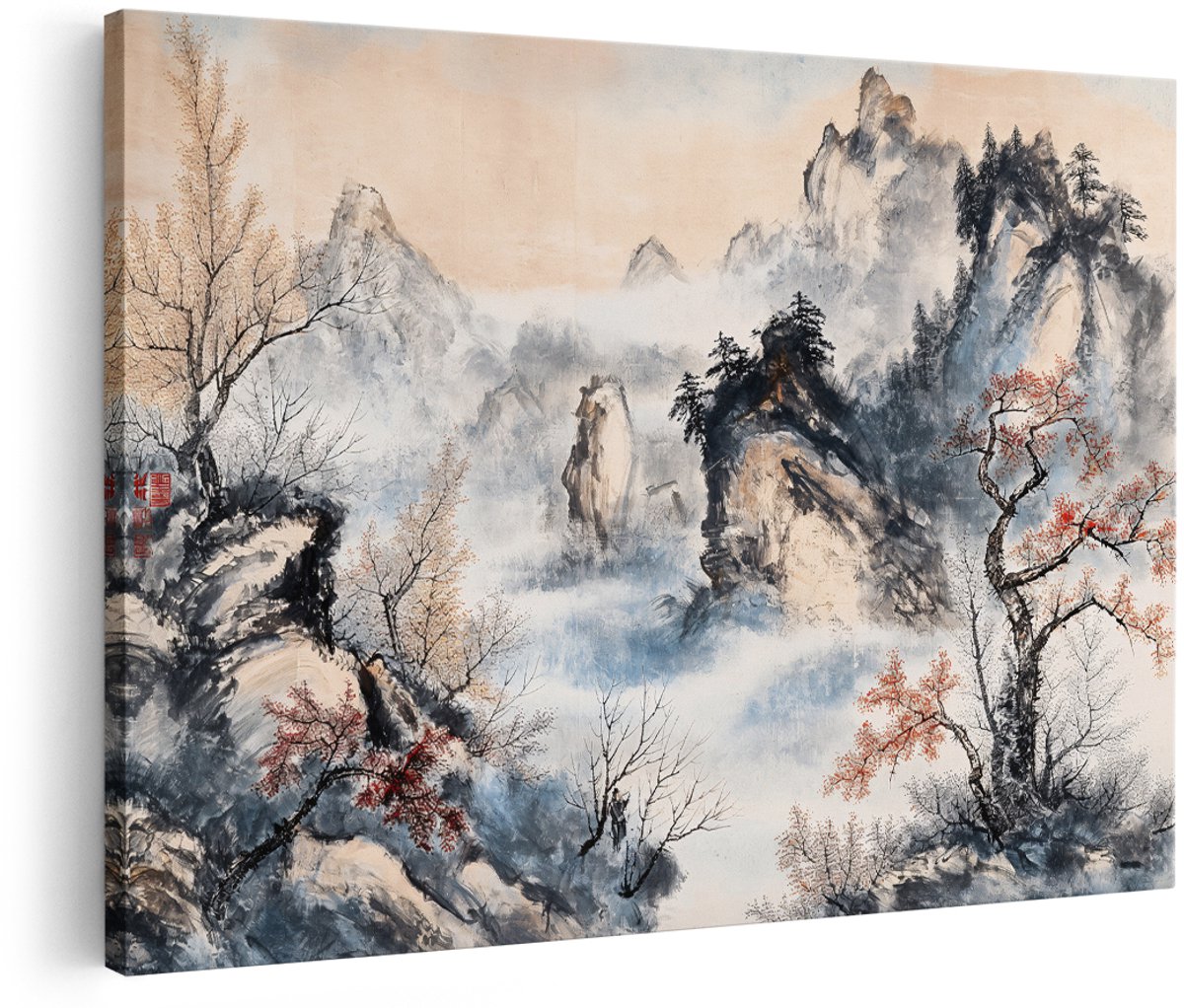 Artaza Canvas Schilderij Bergen - 180x120 cm - Groot - Wanddecoratie Chinees Landschap - Muurdecoratie Natuur - Decoratie Bomen Woonkamer