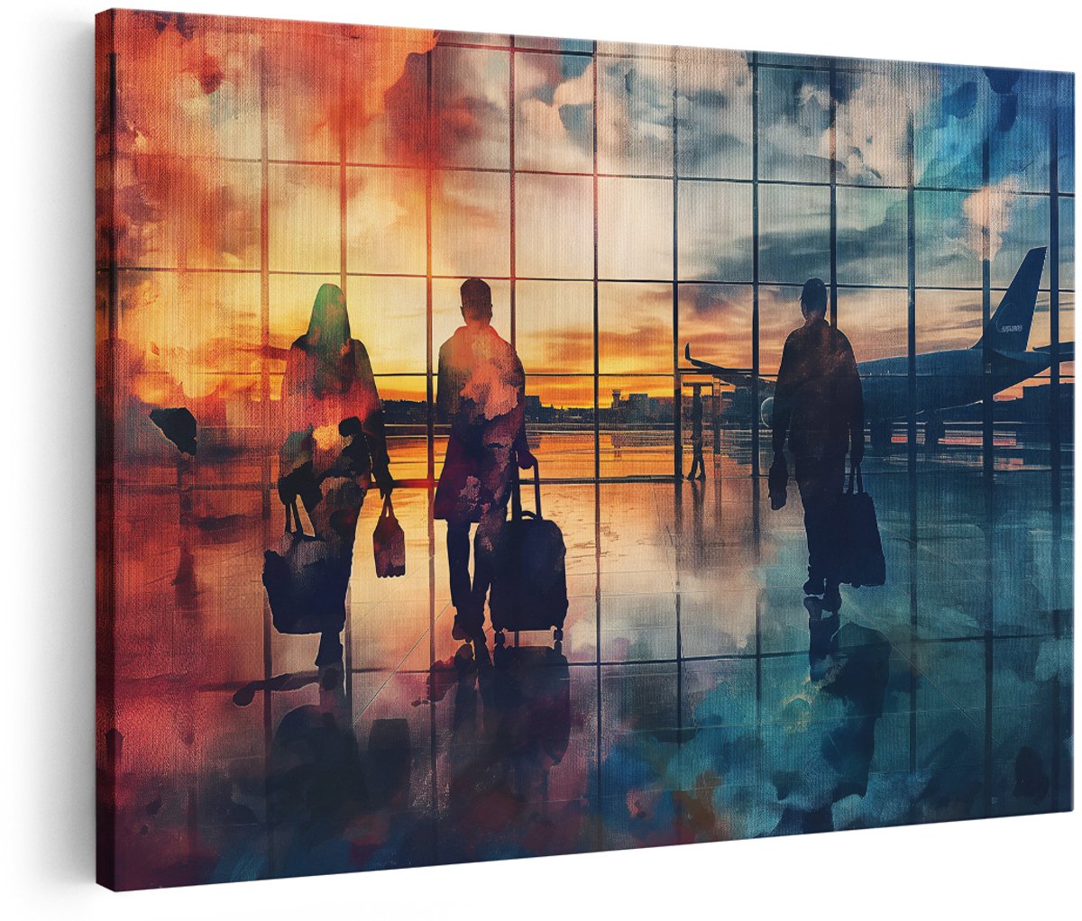 Artaza Canvas Schilderij Luchthaven - 180x120 cm - Groot - Wanddecoratie Zonsondergang - Muurdecoratie Vliegtuig - Decoratie Reizigers Silhouet
