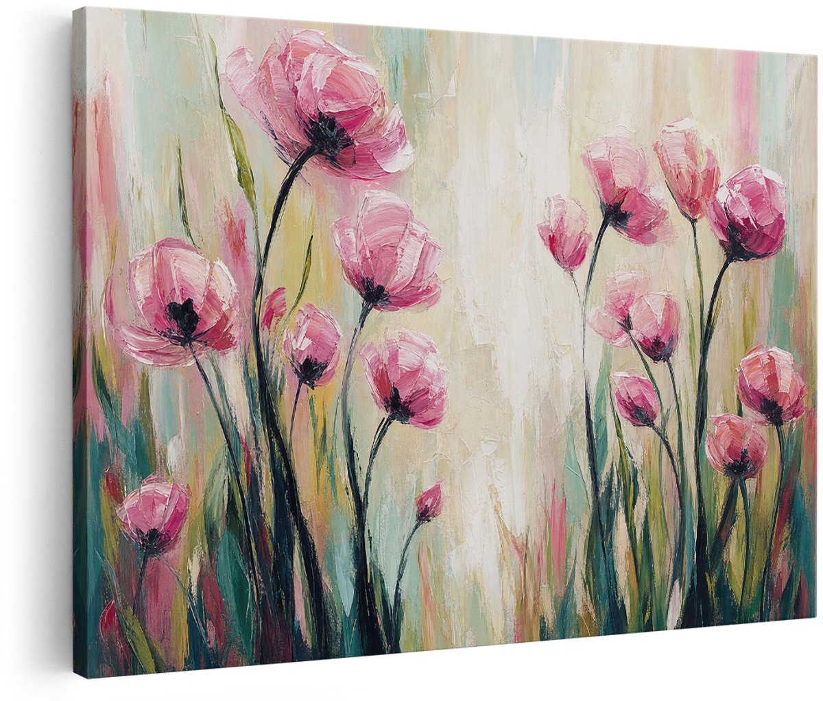 Artaza Canvas Schilderij Roze Bloemen - Abstracte Kunst in Zachte Kleuren - 180x120 cm - Groot - Wanddecoratie Woonkamer - Schilderijen - Muurdecoratie