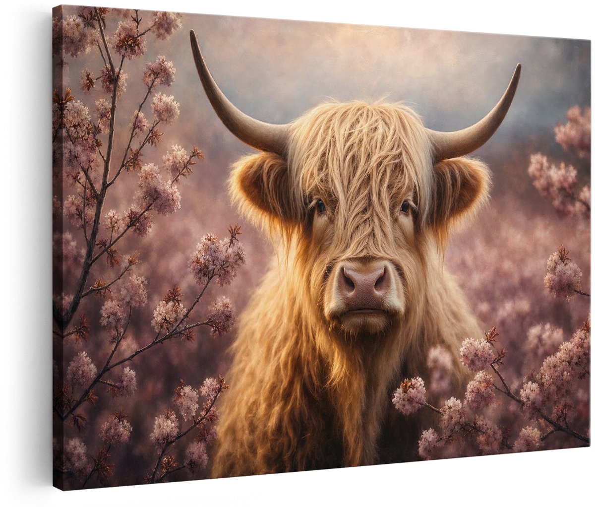 Artaza Canvas Schilderij Schotse Hooglander - Bloemen - Dierenportret - 180x120 cm - Groot - Wanddecoratie Woonkamer - Schilderijen - Muurdecoratie