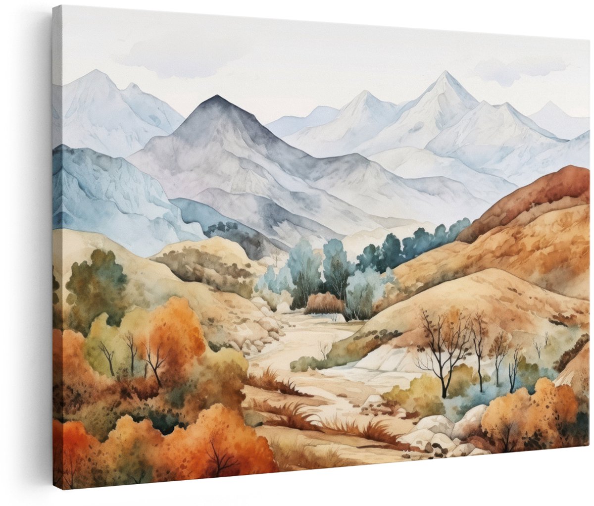 Artaza Canvas Schilderij Berglandschap - 180x120 cm - Groot - Wanddecoratie Natuur - Muurdecoratie Herfst - Decoratie Aquarel Bergen