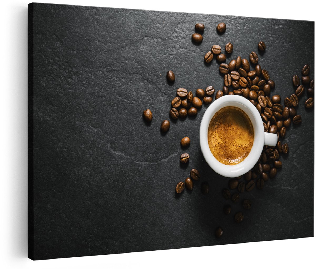 Artaza Canvas Schilderij Kopje Koffie Met Koffiebonen - 180x120 cm - Groot - Wanddecoratie Woonkamer - Schilderijen - Muurdecoratie