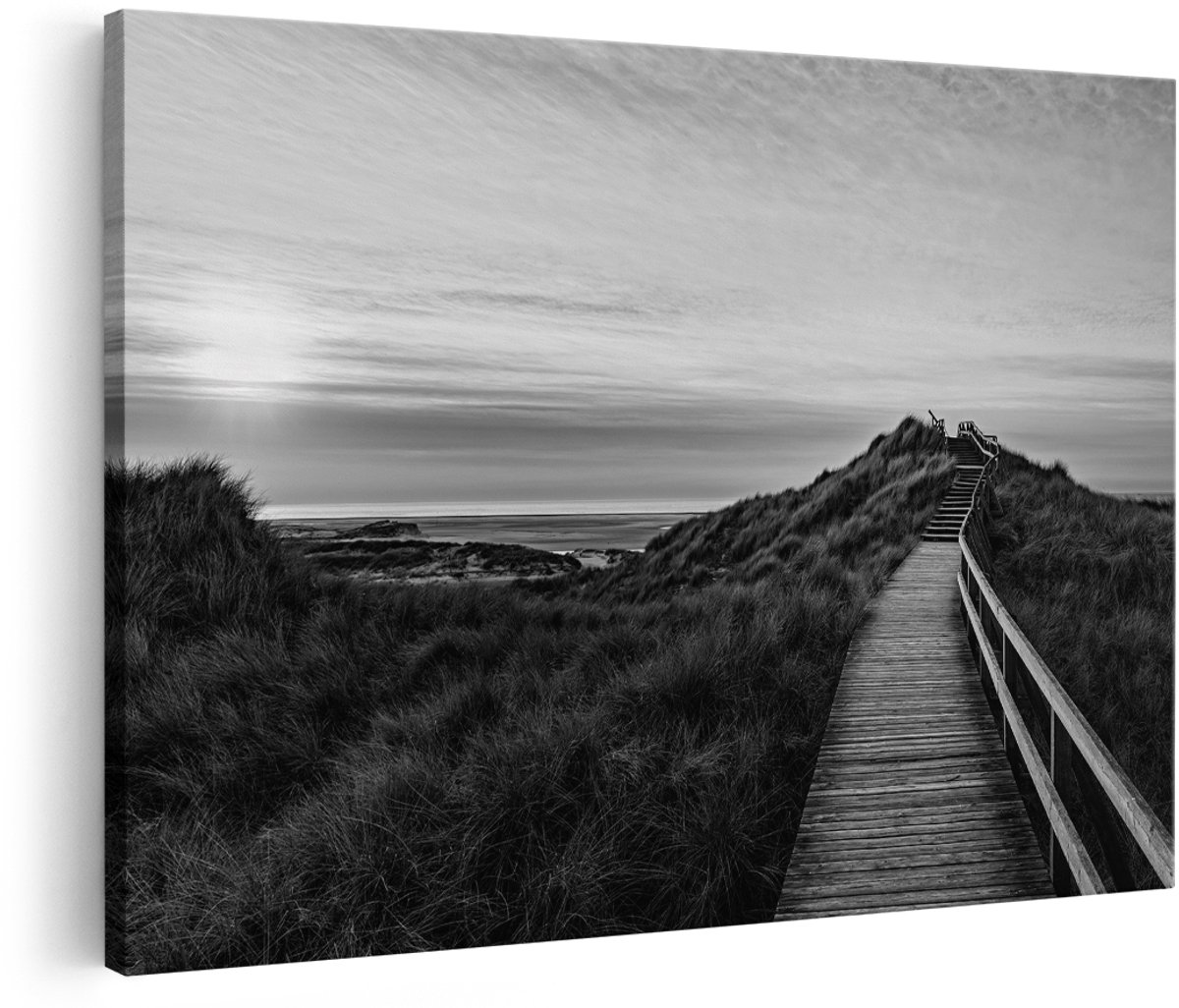 Artaza Canvas Schilderij Lange Voetpad door de Duinen - Zwart Wit - 180x120 cm - Groot - Foto Op Canvas - Wanddecoratie Woonkamer