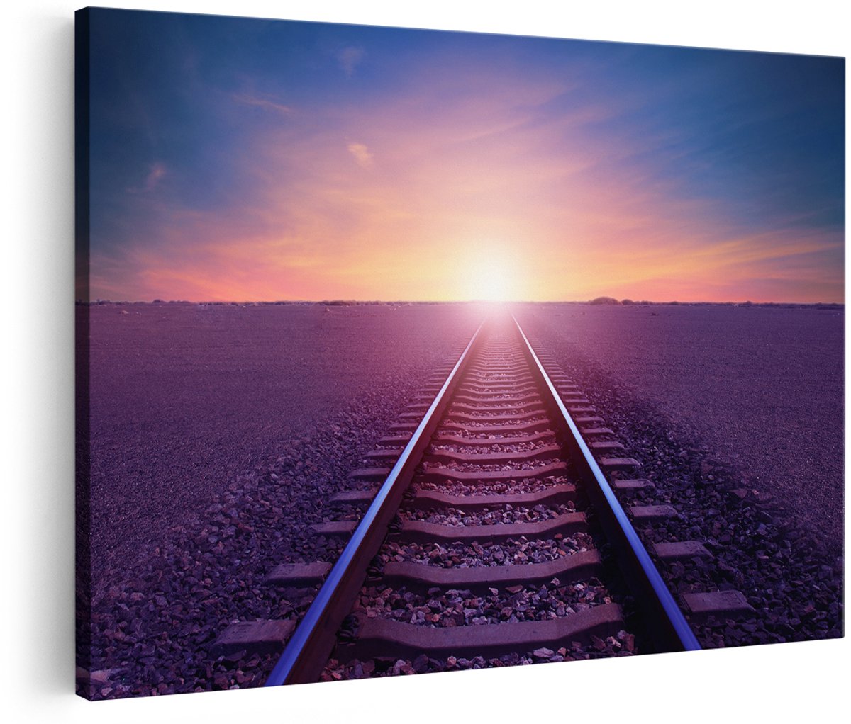 Artaza Canvas Schilderij Rails Spoorweg In De Woestijn Bij Zonondergang - 180x120 cm - Groot - Foto Op Canvas - Wanddecoratie