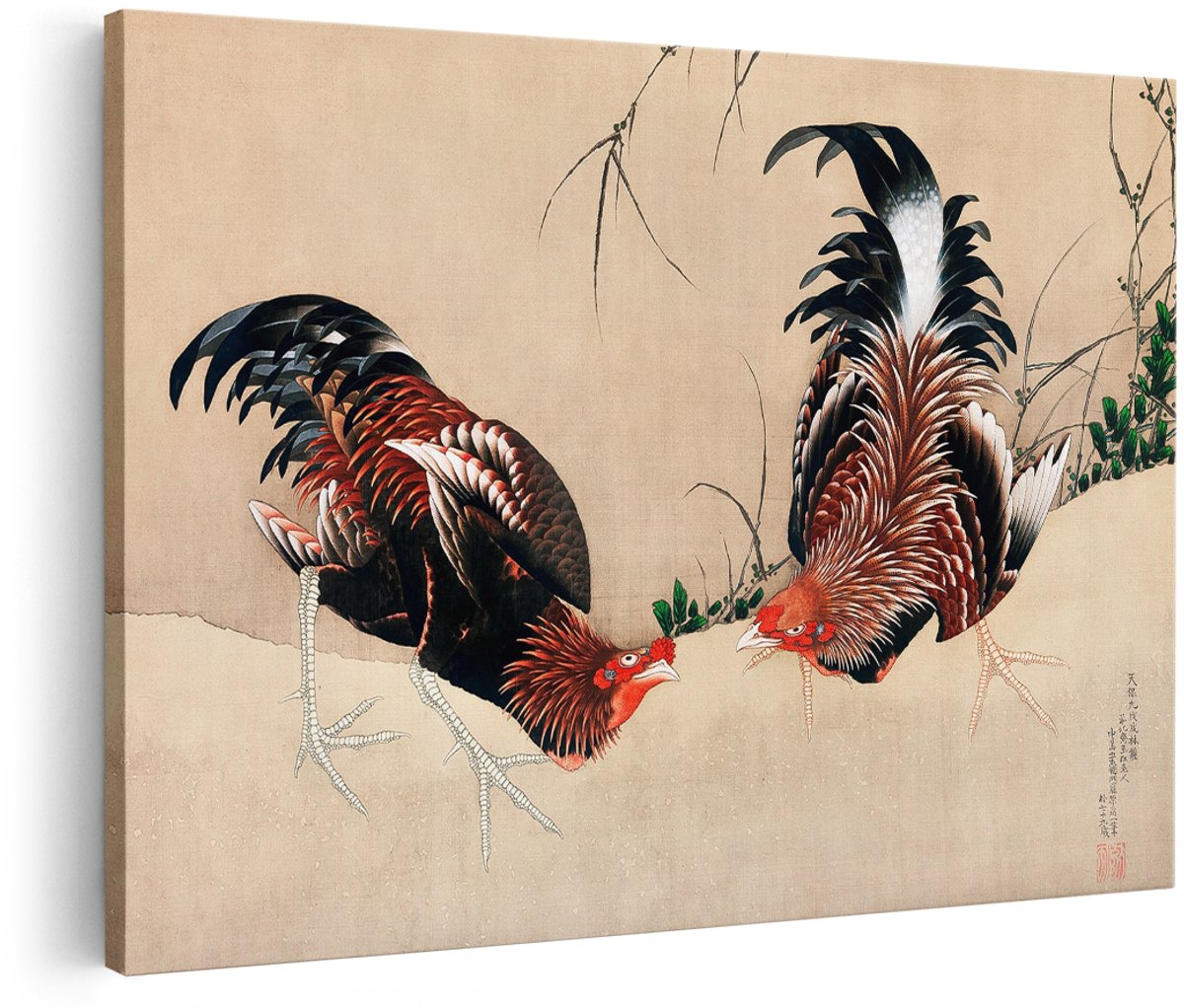 Artaza Canvas Schilderij Hanen - 180x120 cm - Groot - Wanddecoratie Hokusai - Muurdecoratie Japanse Kunst - Decoratie Vogels Vintage