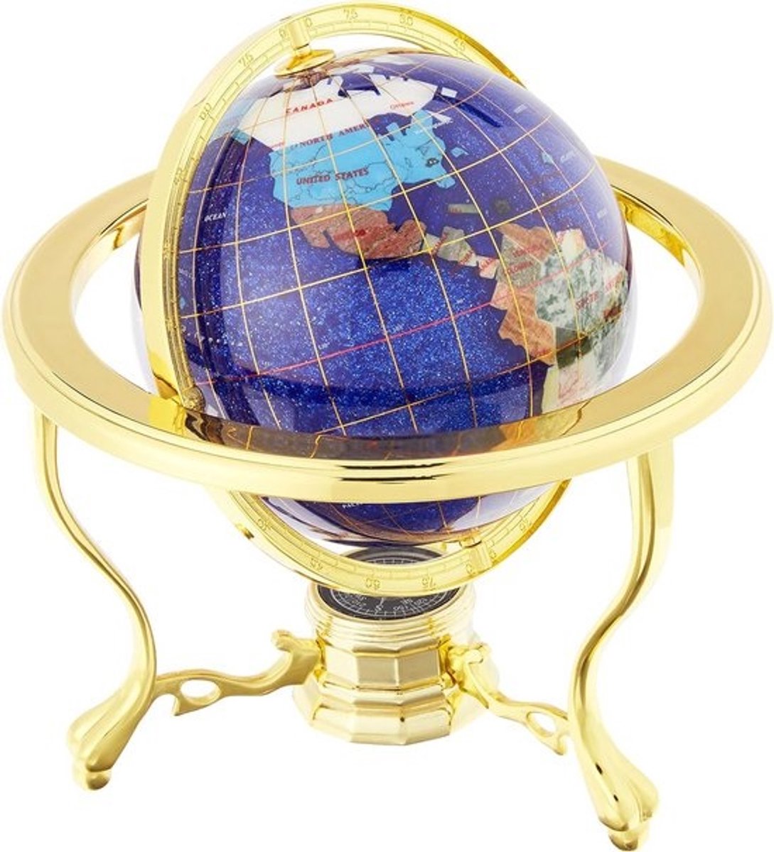 Luxe Edelsteen Wereldbol op Gouden Standaard - 15cm Diameter - Handgemaakt met 30+ Soorten Steen