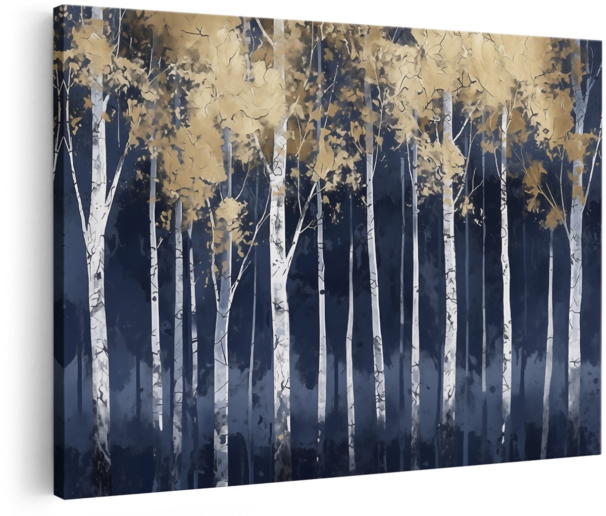 Artaza Canvas Schilderij Kunstwerk van Berkenbomen in Blauw en Goud - 180x120 cm - Groot - Wanddecoratie Woonkamer - Schilderijen - Muurdecoratie