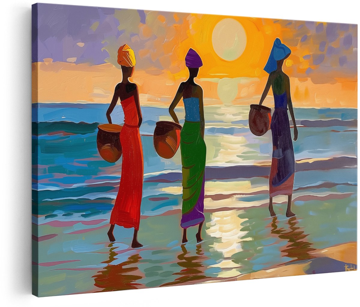 Artaza Canvas Schilderij Drie Vrouwen op het Strand bij Zonsondergang - 180x120 cm - Groot - Wanddecoratie Woonkamer - Schilderijen - Muurdecoratie