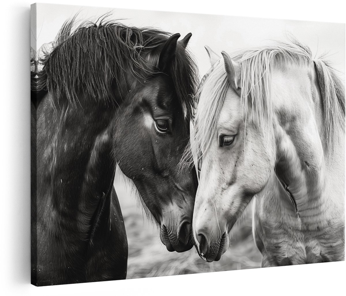 Artaza Canvas Schilderij Twee Paarden Kijken Elkaar Aan - Dieren - 180x120 cm - Groot - Wanddecoratie Woonkamer - Schilderijen - Muurdecoratie