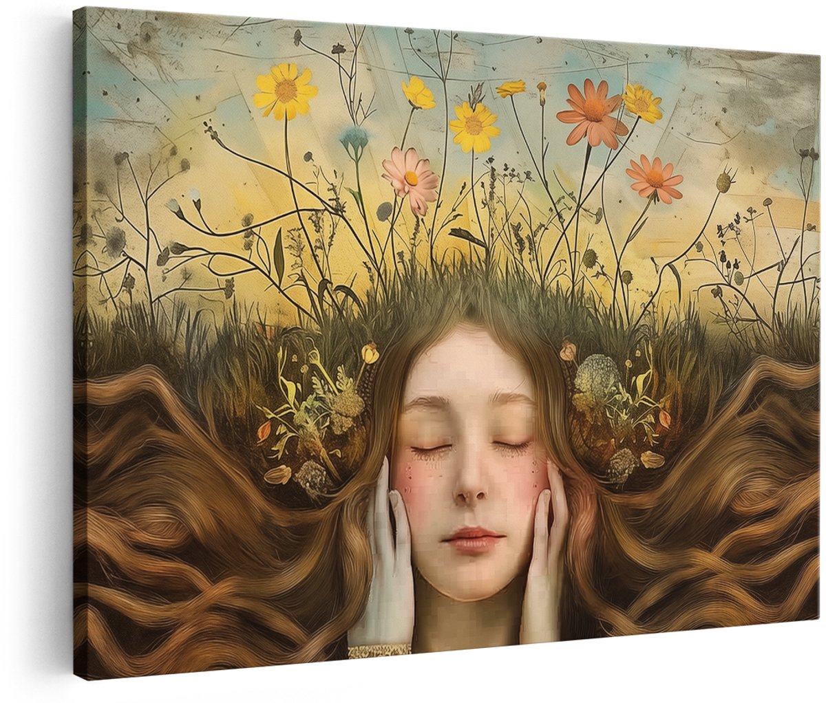 Artaza Canvas Schilderij Meisje met Lang Haar en Bloemen op haar Hoofd - Bloemen - 180x120 cm - Groot - Wanddecoratie Woonkamer - Schilderijen - Muurdecoratie