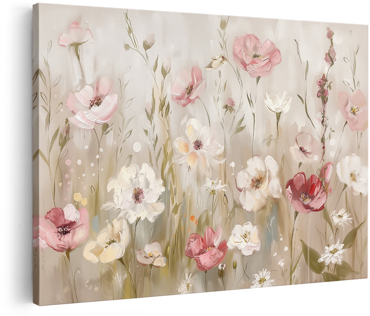 Artaza Canvas Schilderij Roze en Witte Bloemen in een Veld - 180x120 cm - Groot - Wanddecoratie Woonkamer - Schilderijen - Muurdecoratie
