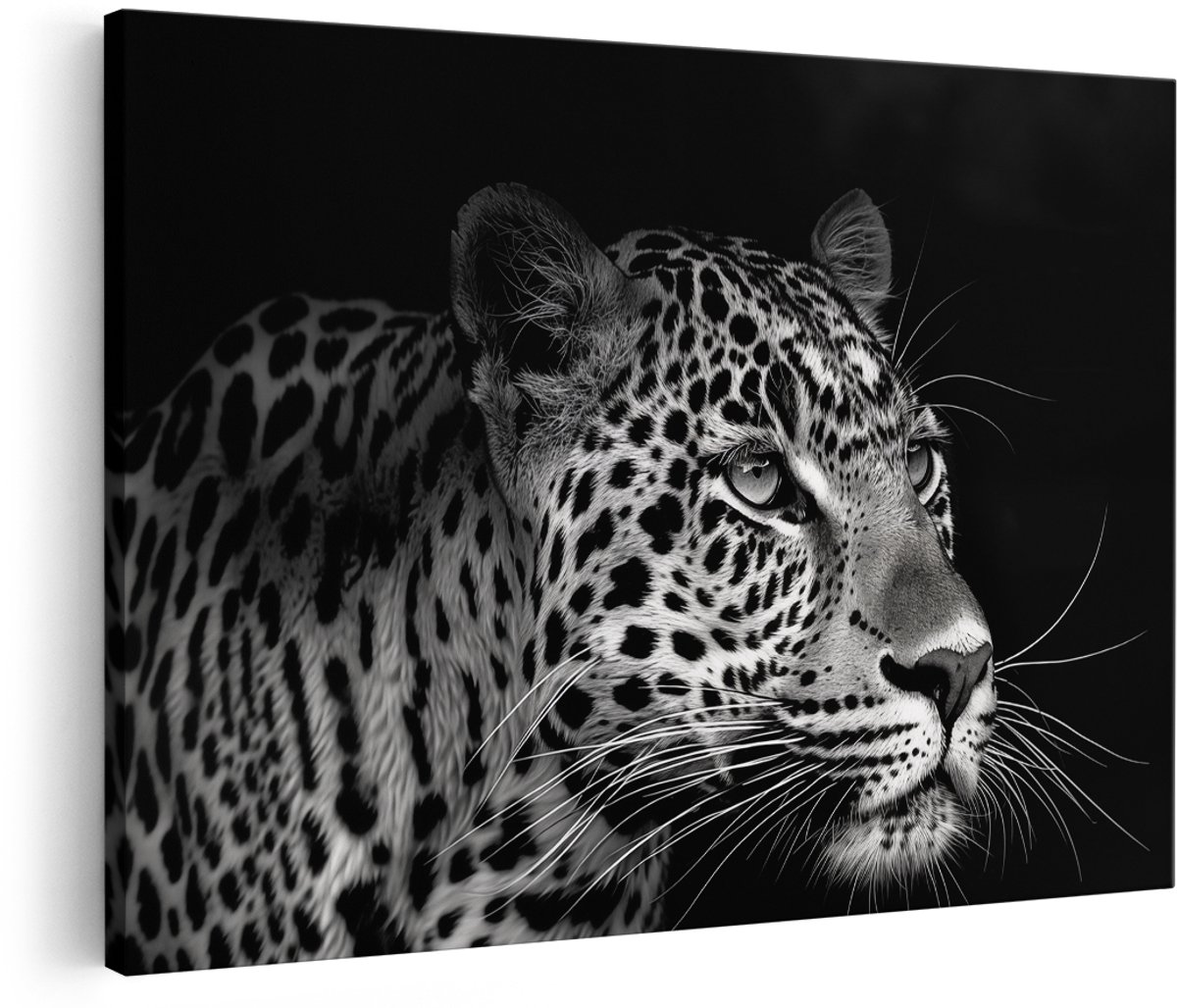 Artaza Canvas Schilderij Zwart Wit Luipaard - Dieren - 180x120 cm - Groot - Wanddecoratie Woonkamer - Schilderijen - Muurdecoratie