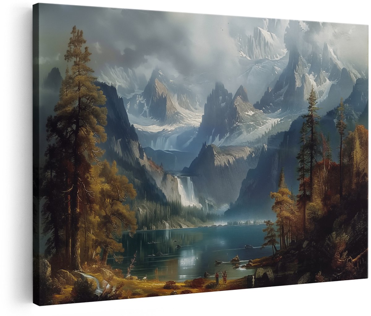 Artaza Canvas Schilderij Kunstwerk van Bergen en een Meer - Landschap - 180x120 cm - Groot - Wanddecoratie Woonkamer - Schilderijen - Muurdecoratie