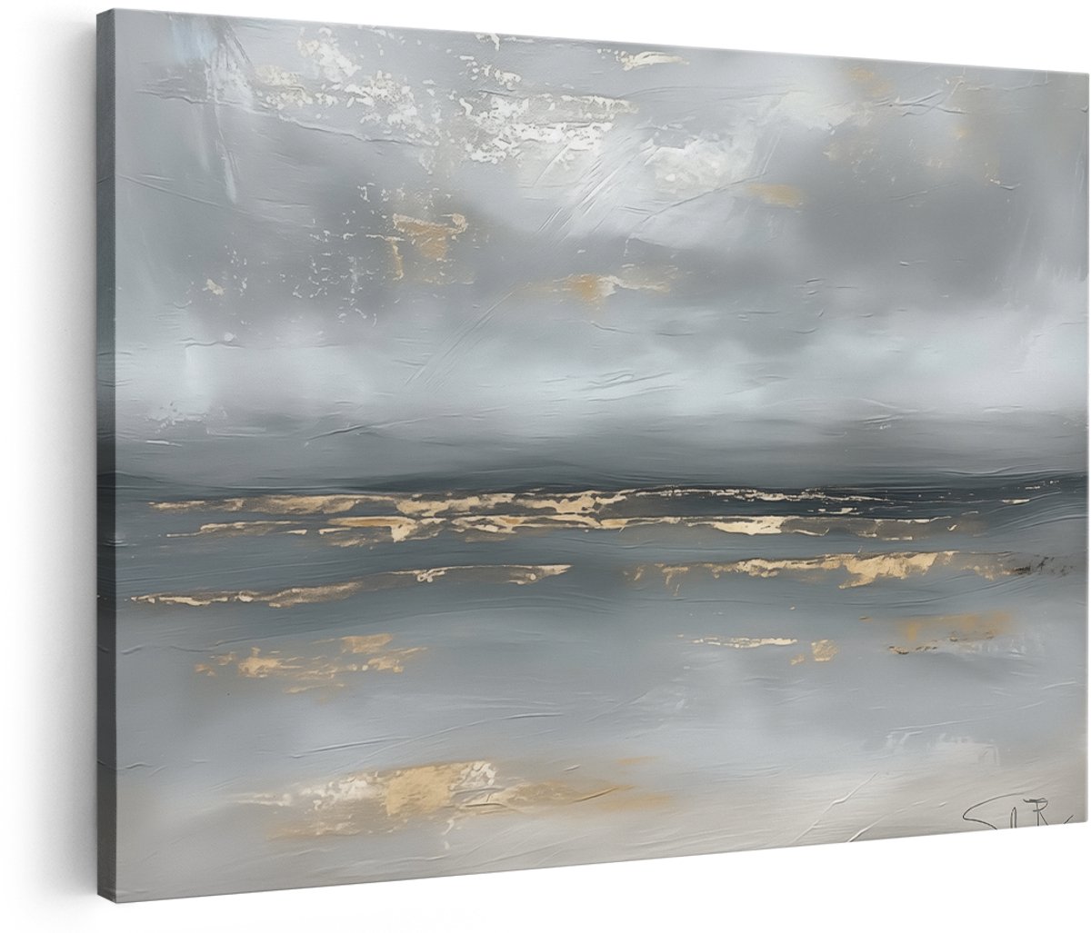 Artaza Canvas Schilderij Abstract Kunstwerk van een Grijs en Goud Zeegezicht - 180x120 cm - Groot - Wanddecoratie Woonkamer - Schilderijen - Muurdecoratie