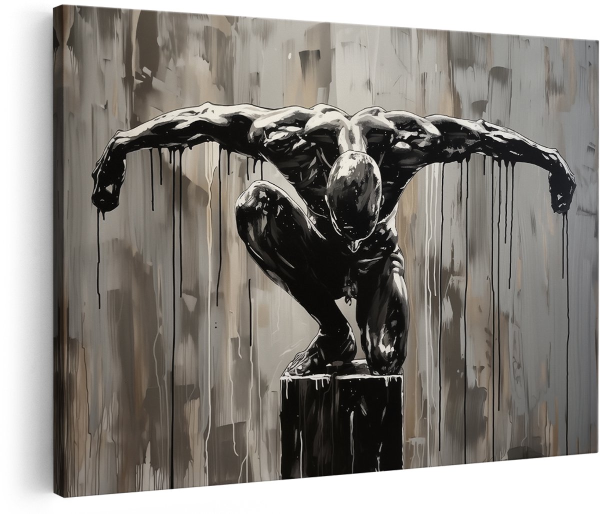 Artaza Canvas Schilderij Zwart Wit Kunstwerk van een Man op een Sokkel - 180x120 cm - Groot - Wanddecoratie Woonkamer - Schilderijen - Muurdecoratie