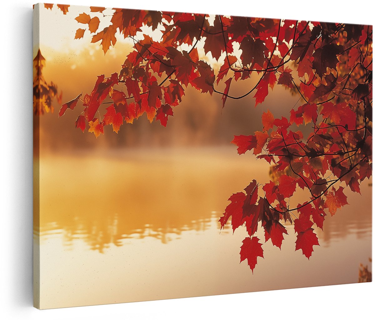 Artaza Canvas Schilderij Herfst Bladeren op een Meer - Landschap - 180x120 cm - Groot - Wanddecoratie Woonkamer - Schilderijen - Muurdecoratie