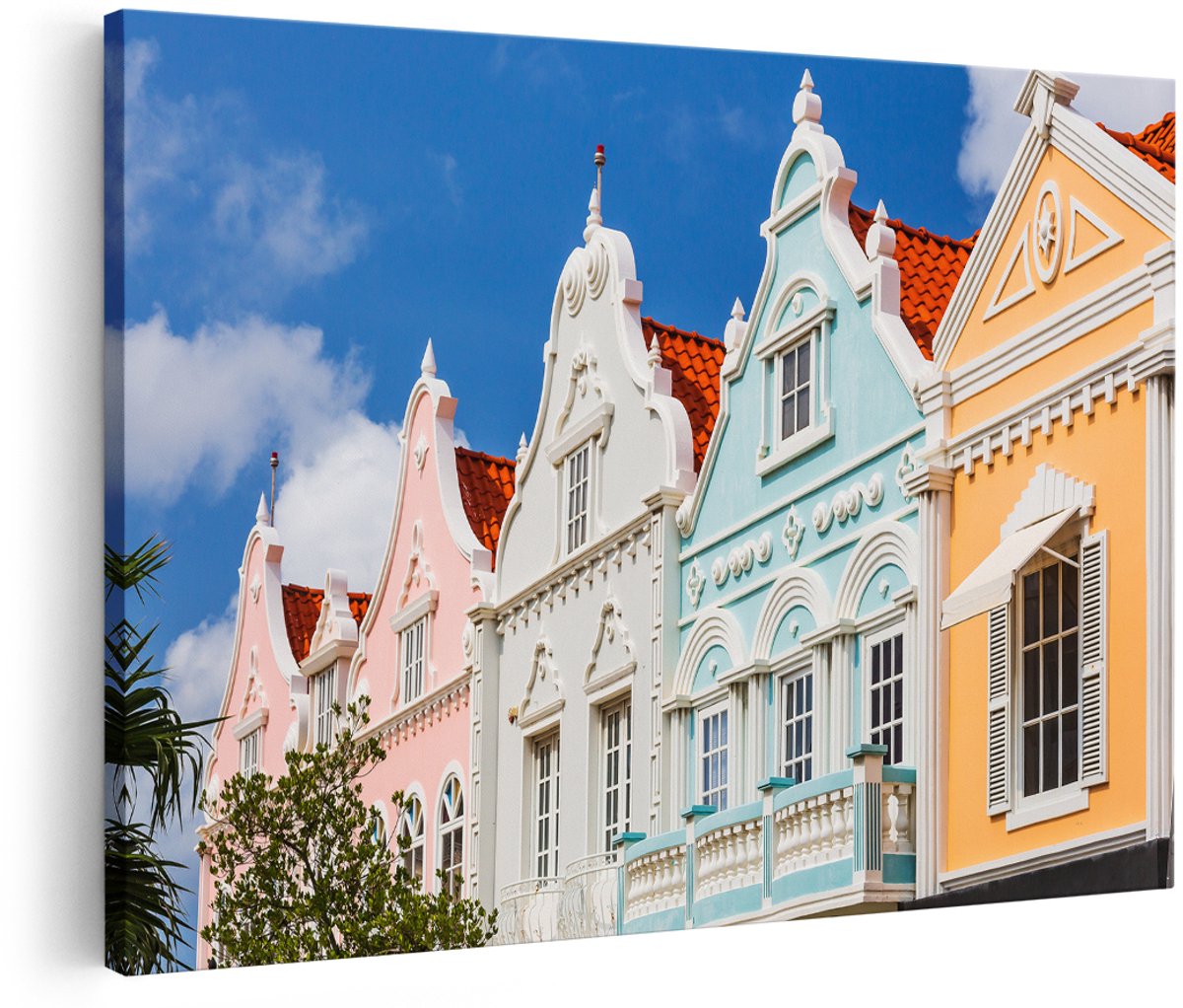 Artaza Canvas Schilderij Aruba Kleurrijke Huisjes - Nederlandse Antillen - 180x120 cm - Groot - Foto Op Canvas - Wanddecoratie